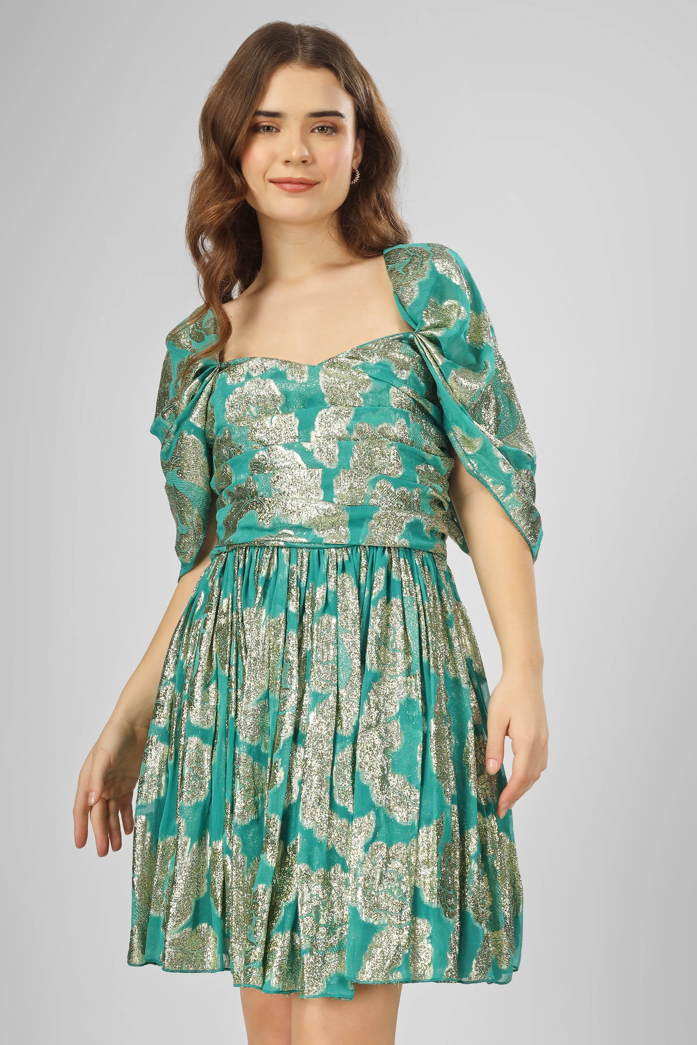 Sydney Metallic Printed Mini Dress in Aqua Green