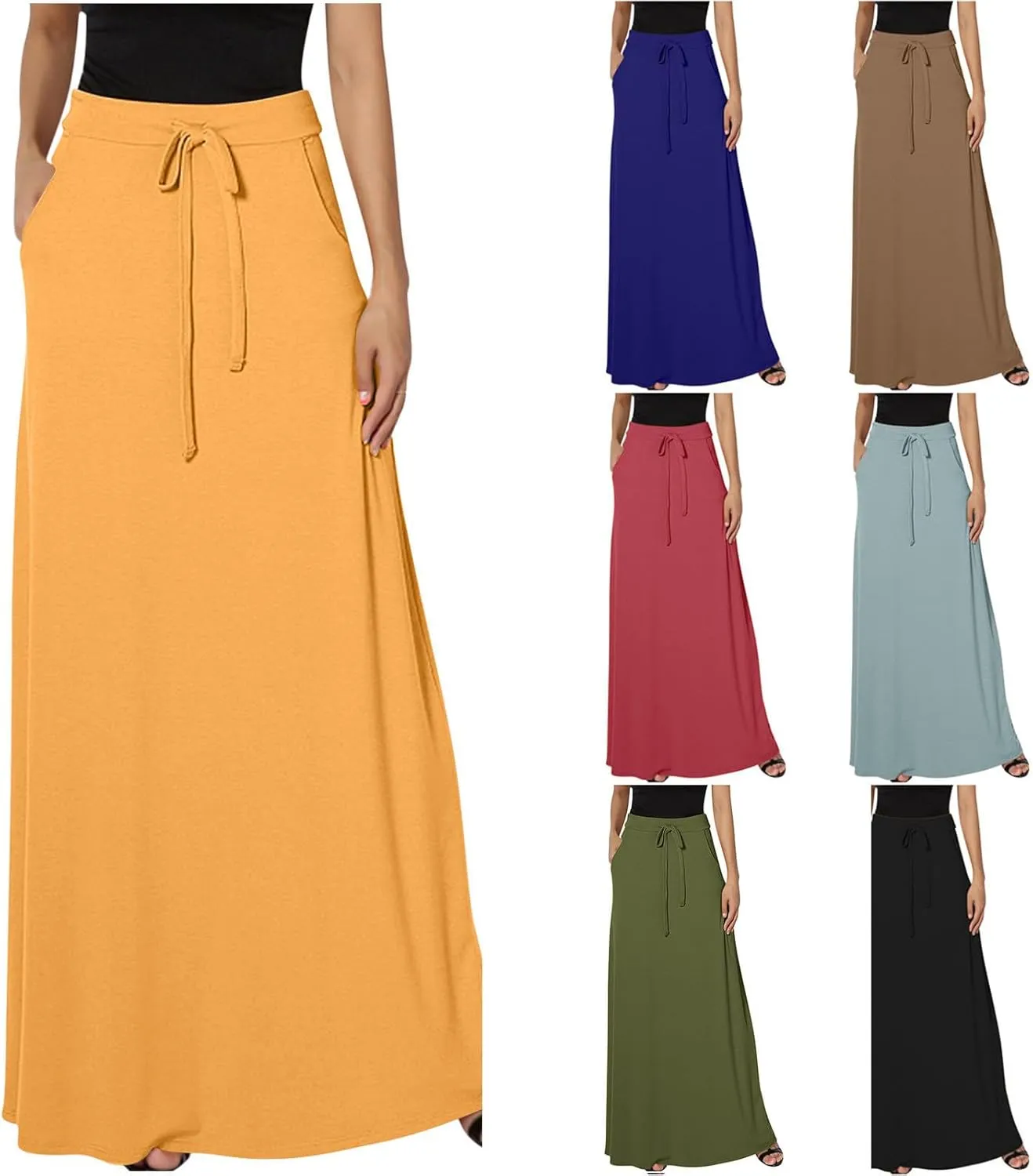 TANGNADE Spring Maxi Skirts for Women 2025 with Pockets Summer Plus Size Trendy Boho Comfy Elastic Waist Long Skirt