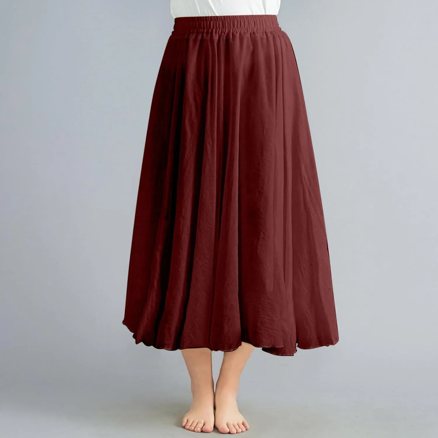 TANGNADE Womens Skirts Midi Length Elastic High Waist Summer Casual Flowy Swing Boho Skirt Trendy Travel Beach Dress