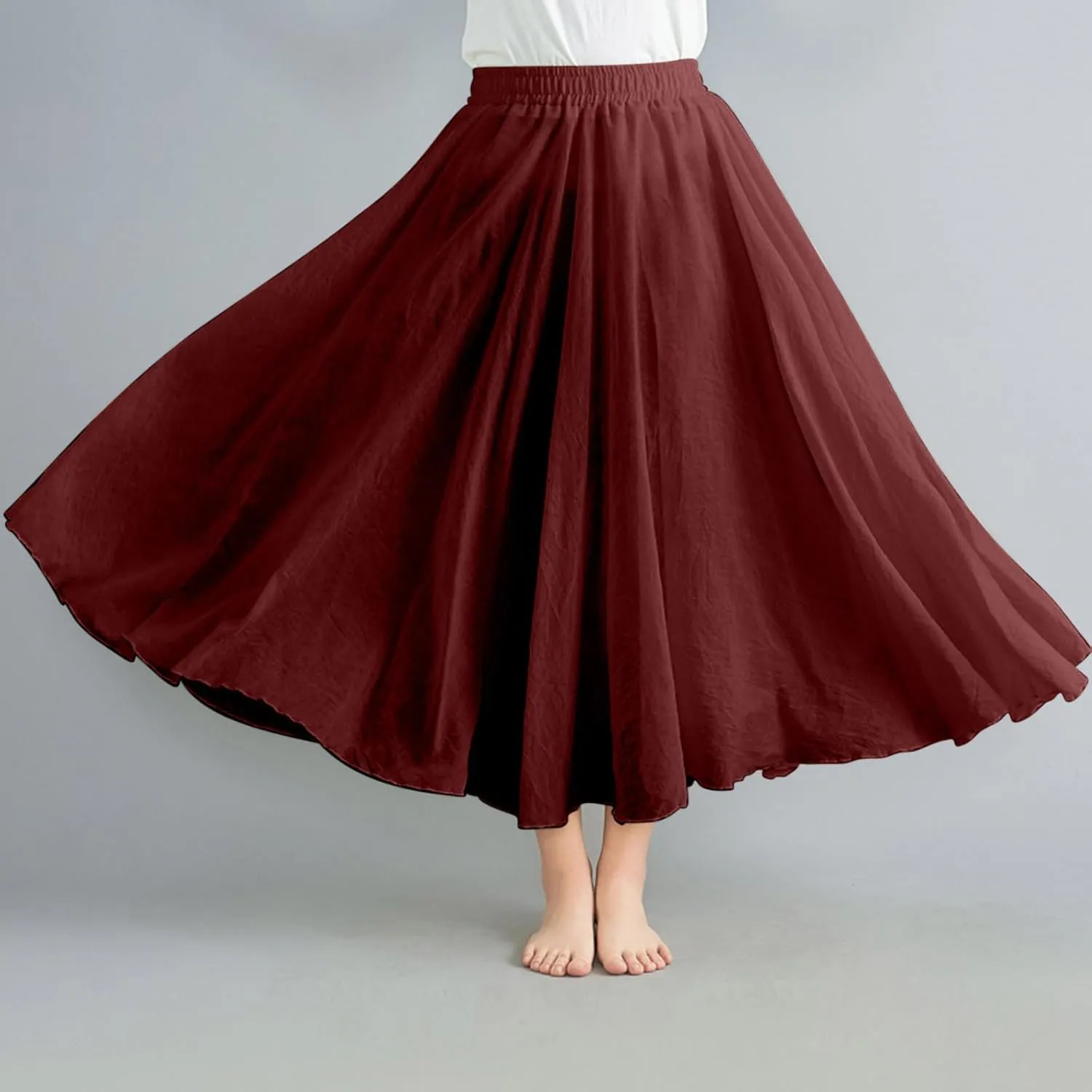 TANGNADE Womens Skirts Midi Length Elastic High Waist Summer Casual Flowy Swing Boho Skirt Trendy Travel Beach Dress