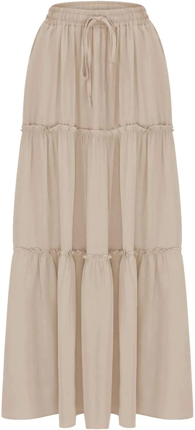 TANGNADE Womens Skirts Summer Casual Flowy High Waisted Tiered Maxi Skirt Spring Trendy Beach Ladies Skirts Long Length