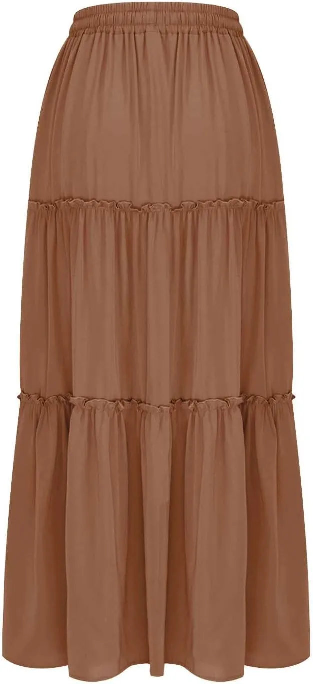 TANGNADE Womens Skirts Summer Casual Flowy High Waisted Tiered Maxi Skirt Spring Trendy Beach Ladies Skirts Long Length