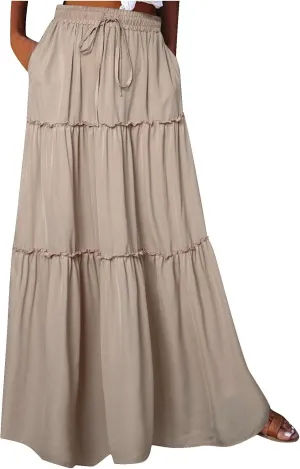 TANGNADE Womens Skirts Summer Casual Flowy High Waisted Tiered Maxi Skirt Spring Trendy Beach Ladies Skirts Long Length