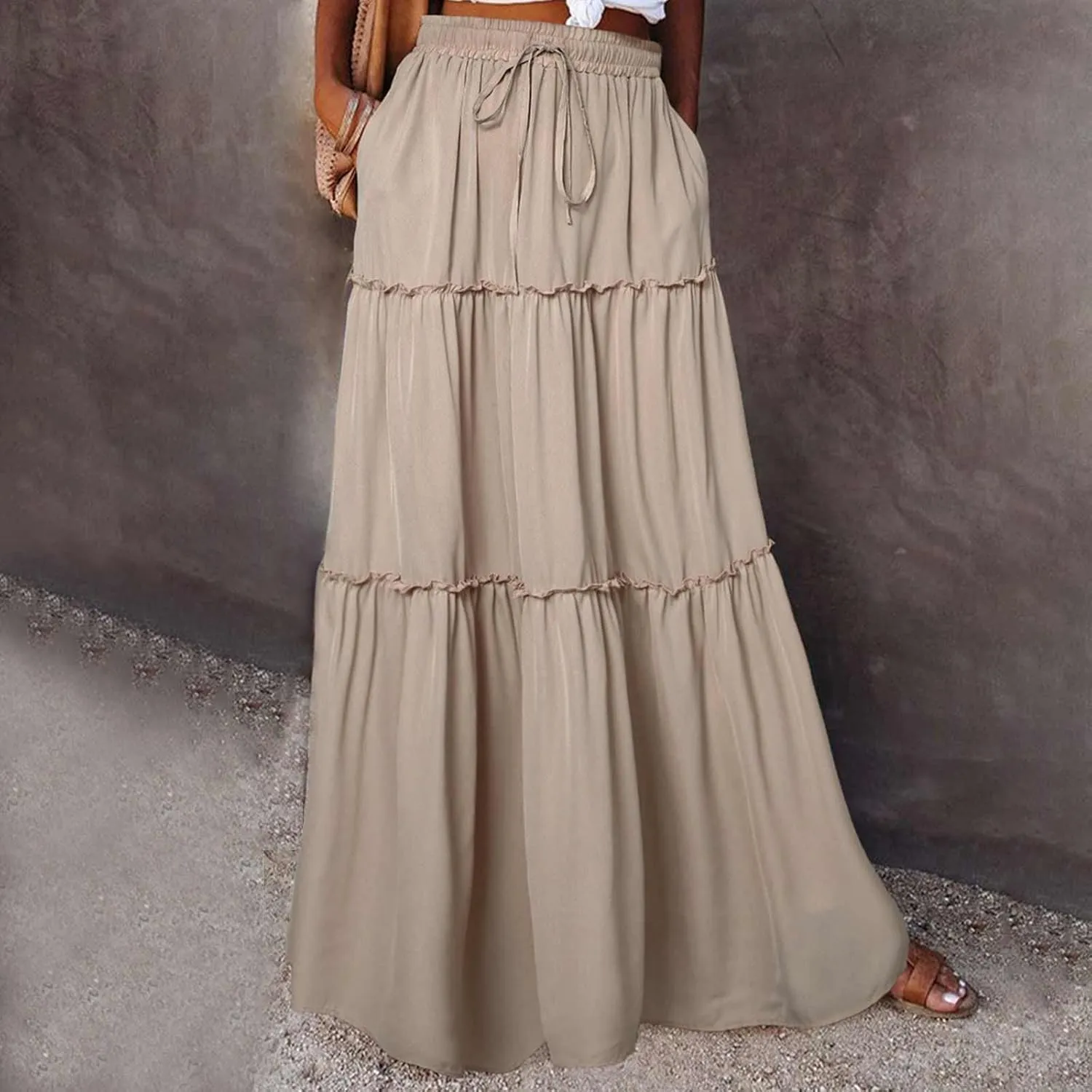 TANGNADE Womens Skirts Summer Casual Flowy High Waisted Tiered Maxi Skirt Spring Trendy Beach Ladies Skirts Long Length