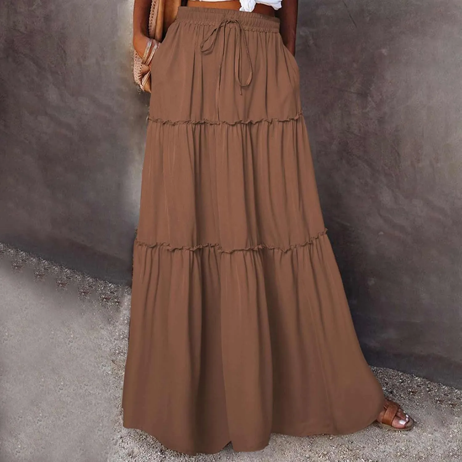 TANGNADE Womens Skirts Summer Casual Flowy High Waisted Tiered Maxi Skirt Spring Trendy Beach Ladies Skirts Long Length