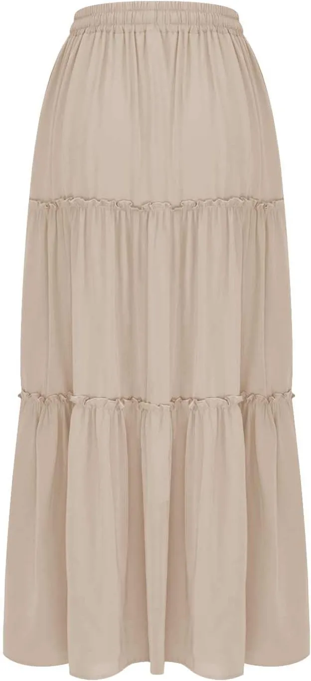 TANGNADE Womens Skirts Summer Casual Flowy High Waisted Tiered Maxi Skirt Spring Trendy Beach Ladies Skirts Long Length