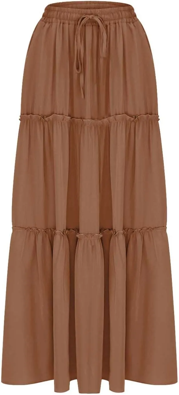 TANGNADE Womens Skirts Summer Casual Flowy High Waisted Tiered Maxi Skirt Spring Trendy Beach Ladies Skirts Long Length