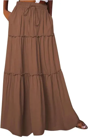 TANGNADE Womens Skirts Summer Casual Flowy High Waisted Tiered Maxi Skirt Spring Trendy Beach Ladies Skirts Long Length