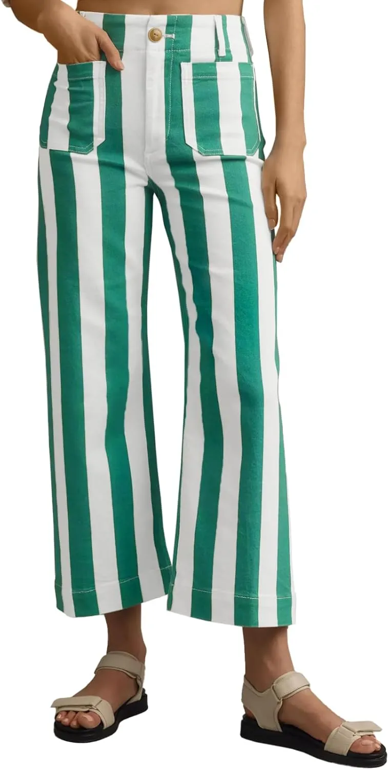 Tankaneo Womens Cropped Striped Jeans Casual High Waisted Stretchy Straight Leg Denim Pants with Pockets