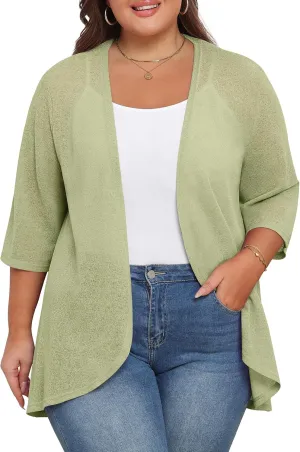 TIANZHU Women's Summer Plus Size Cardigan 3/4 Sleeve Blazer Knit Lightweight Cover Up XL-4XL