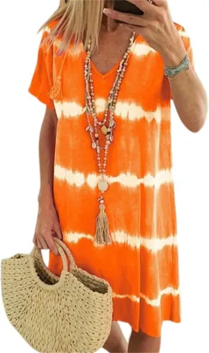 Tie-Dye Striped Short-Sleeve Loose T-Shirt Dress, Summer Casual V Neck Sundress, Beach Dresses for Women