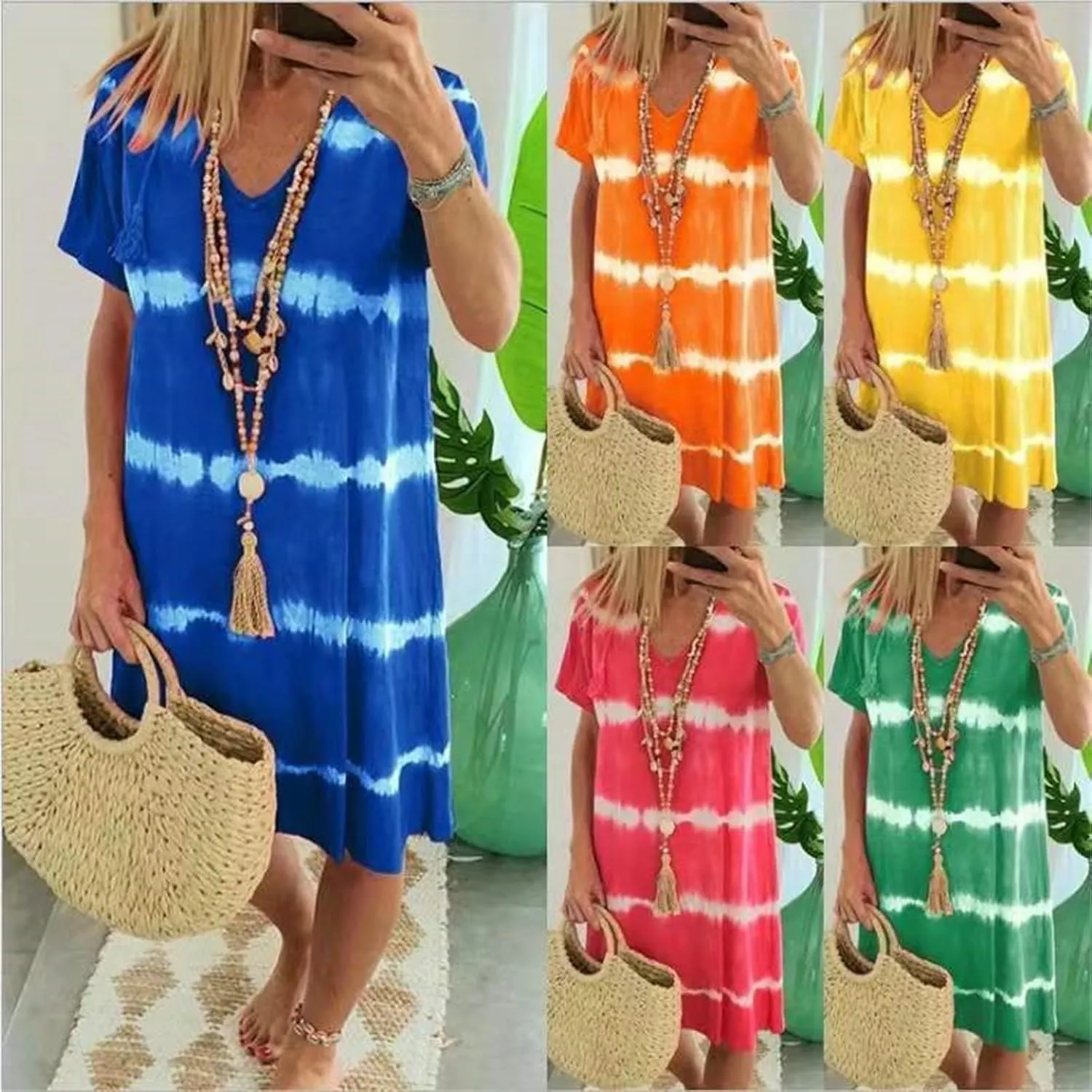 Tie-Dye Striped Short-Sleeve Loose T-Shirt Dress, Summer Casual V Neck Sundress, Beach Dresses for Women