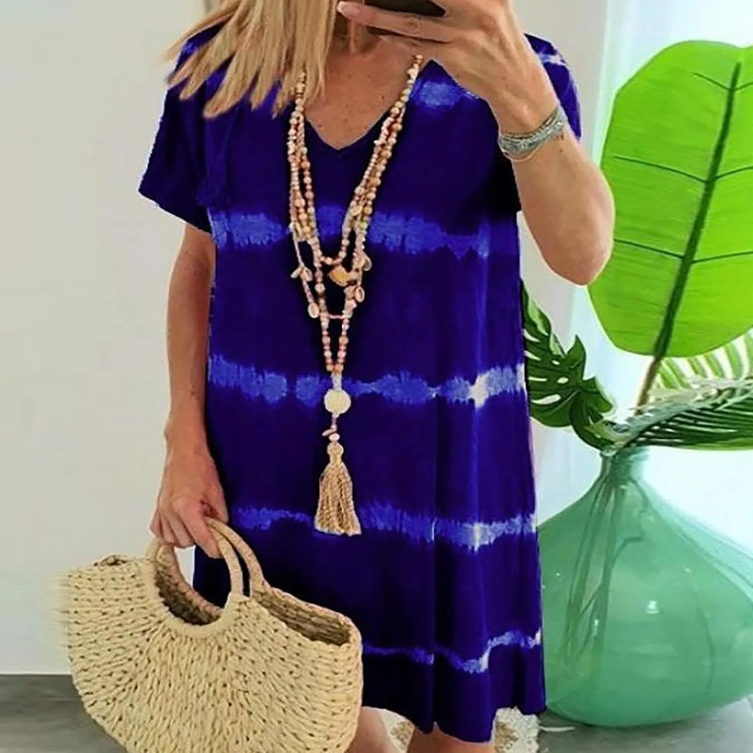 Tie-Dye Striped Short-Sleeve Loose T-Shirt Dress, Summer Casual V Neck Sundress, Beach Dresses for Women