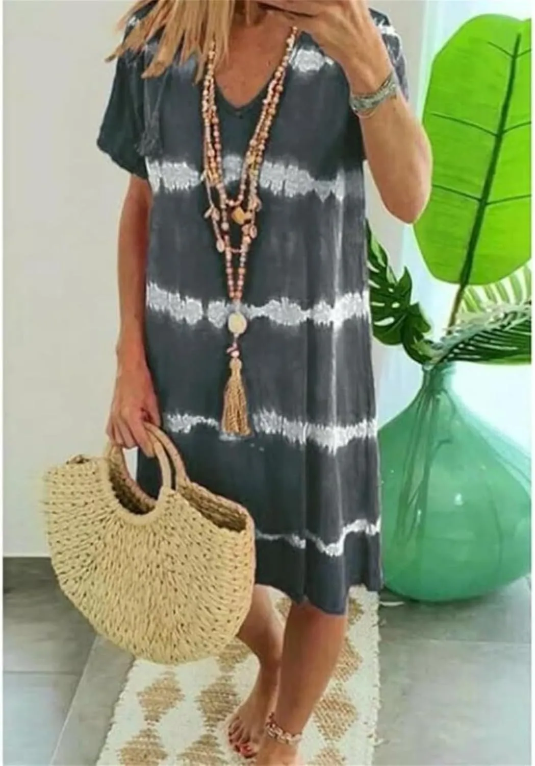 Tie-Dye Striped Short-Sleeve Loose T-Shirt Dress, Summer Casual V Neck Sundress, Beach Dresses for Women