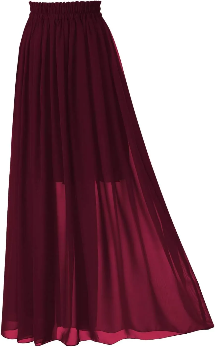 Topdress Women's Chiffon Skirts Elastic High Waist Tea Length A-line Ruffle Beach Skirts