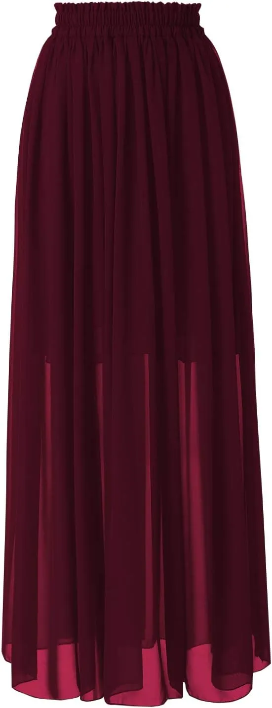 Topdress Women's Chiffon Skirts Elastic High Waist Tea Length A-line Ruffle Beach Skirts