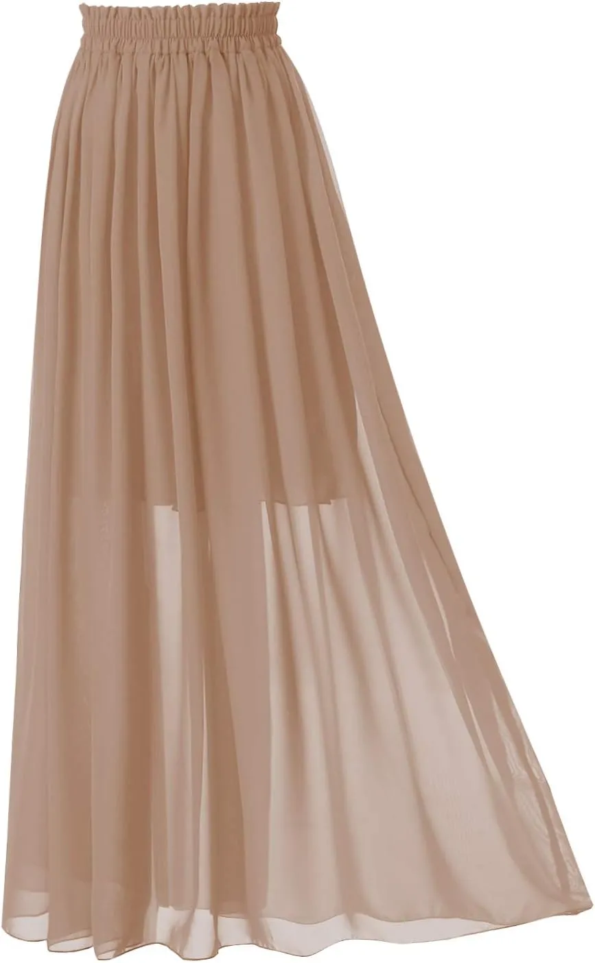 Topdress Women's Chiffon Skirts Elastic High Waist Tea Length A-line Ruffle Beach Skirts