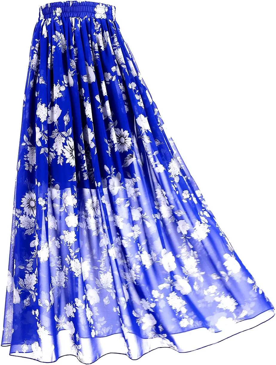 Topdress Women's Chiffon Skirts Elastic High Waist Tea Length A-line Ruffle Beach Skirts