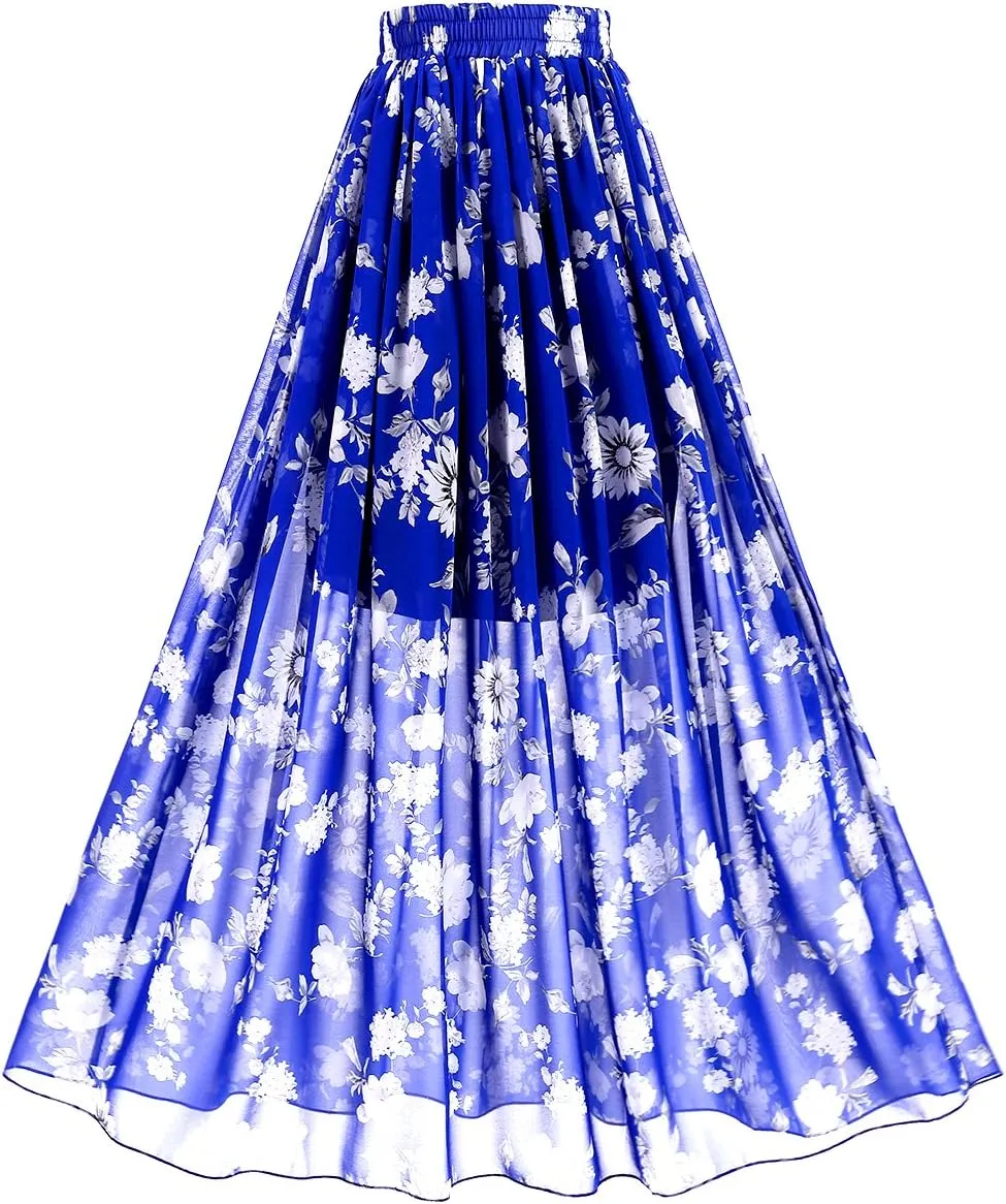 Topdress Women's Chiffon Skirts Elastic High Waist Tea Length A-line Ruffle Beach Skirts