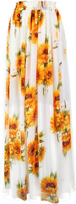 Topdress Women's Chiffon Skirts Elastic High Waist Tea Length A-line Ruffle Beach Skirts