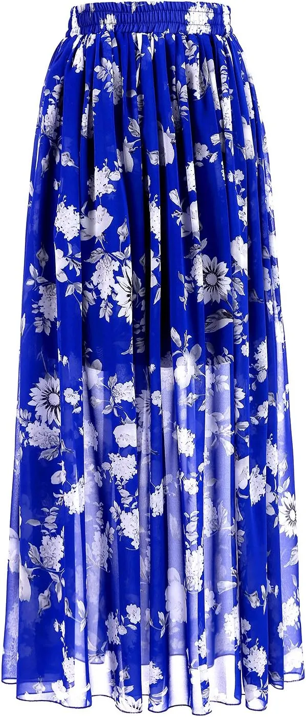Topdress Women's Chiffon Skirts Elastic High Waist Tea Length A-line Ruffle Beach Skirts