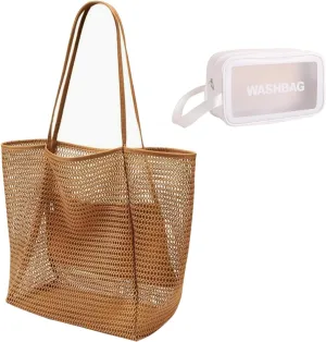 Trendy Mesh Beach Tote Bag with Transparency PVC Cosmetic Bag, Mesh Weave Tote Bag Mesh Weave Handbag Open-Weave Mesh Tote Mesh Carry with one Clear Makeup Bag for Beach Swimming Pools Vacations