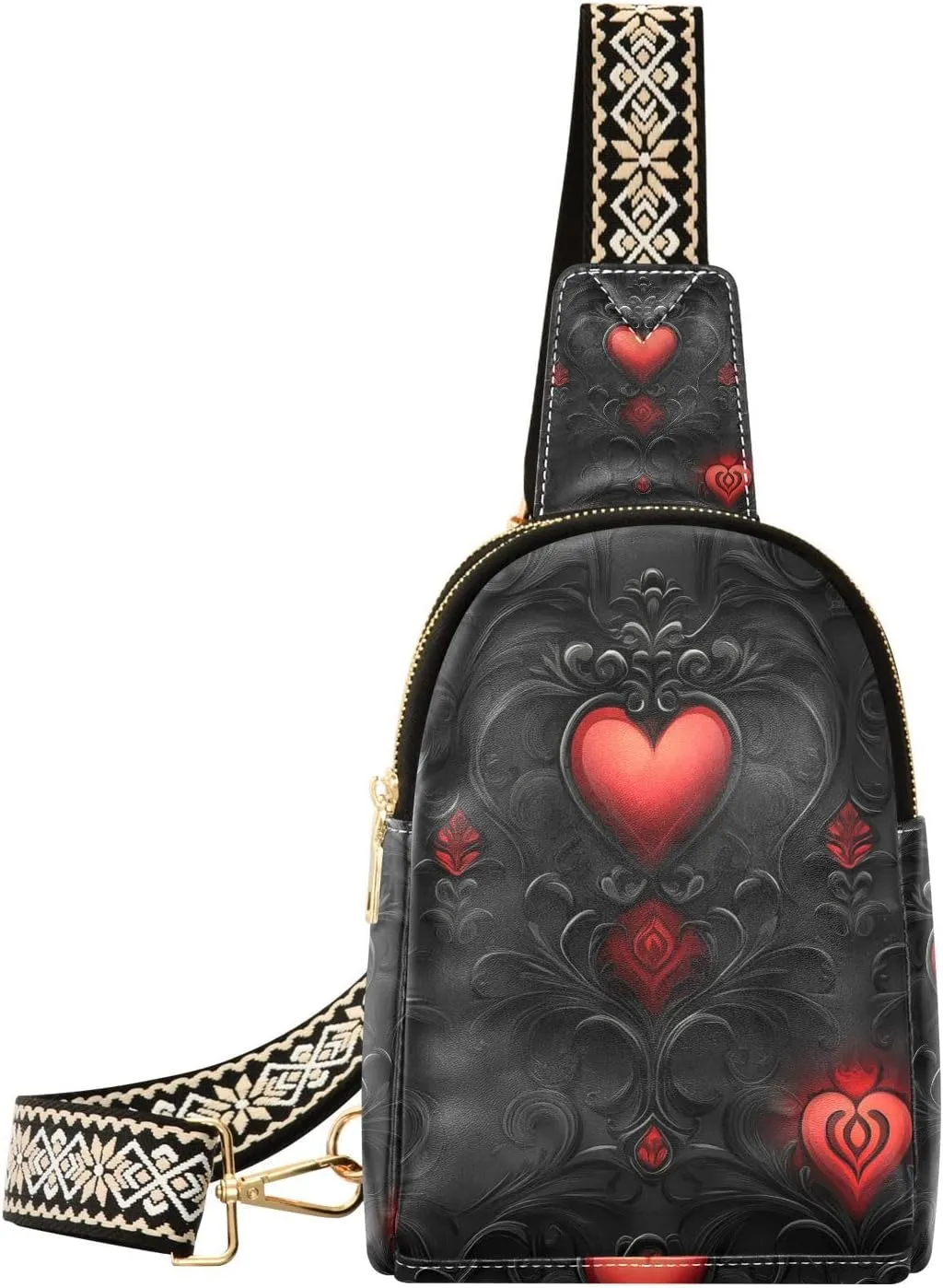 Trendy Red and Black Valentines Romantic Love leather sling bag sturdy black fanny pack for for hiking