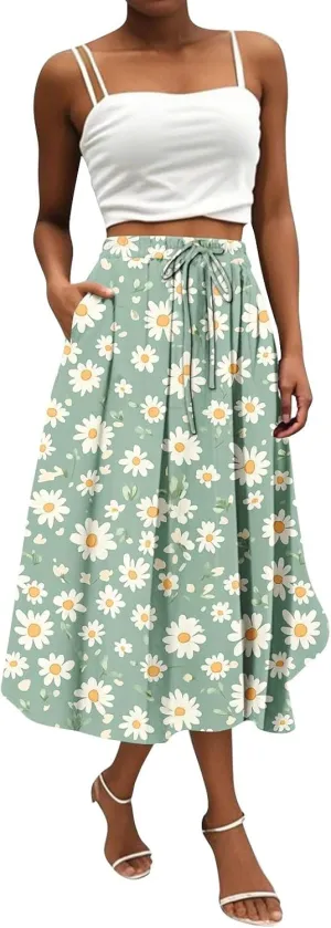 Trendy Summer Skirts for Women Boho High Waist Floral A-Line Elastic Swing Dresses 2025 Elegant Classy Maxi Skirts