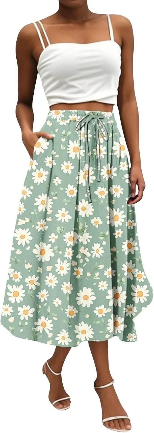 Trendy Summer Skirts for Women Boho High Waist Floral A-Line Elastic Swing Dresses 2025 Elegant Classy Maxi Skirts