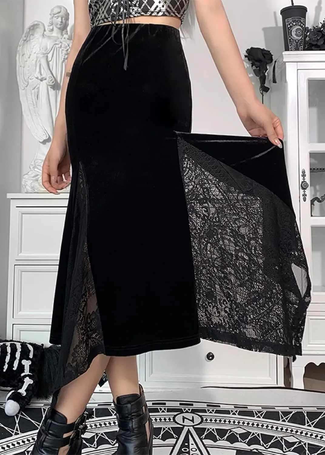 TSMNZMU Women Gothic Long Skirts Vintage Dark Lace Patchwork Skirts Grunge Harajuku Fairy Skirt Emo Alt Clothes