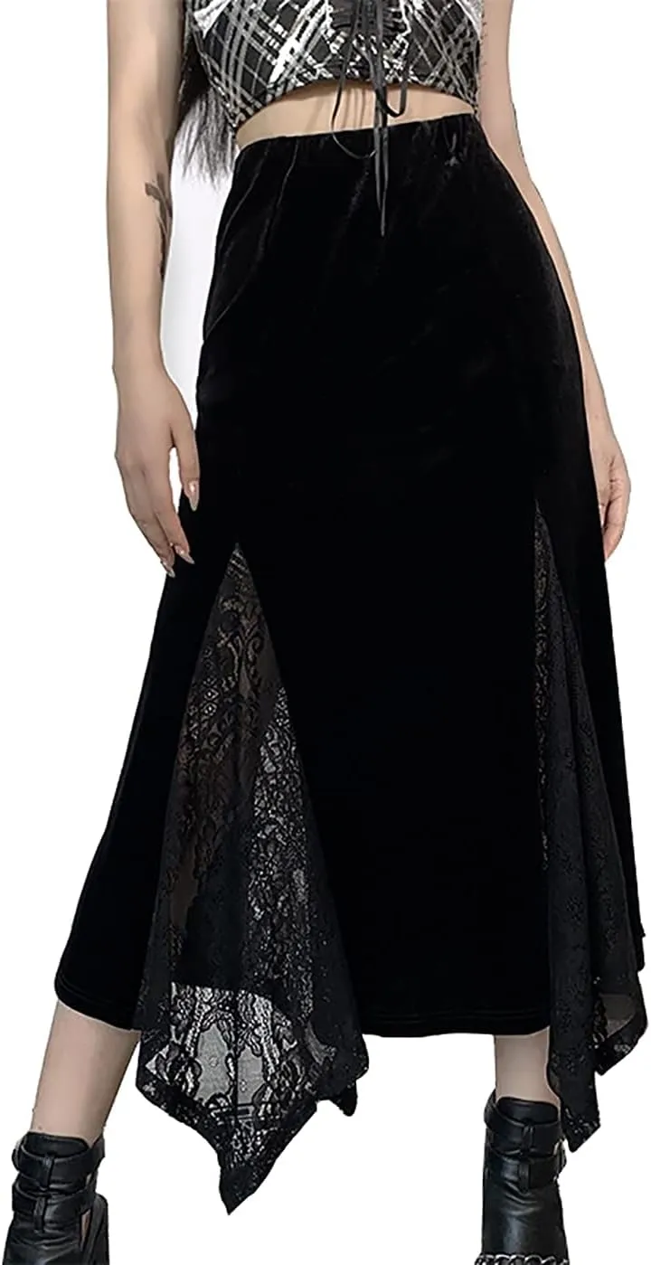 TSMNZMU Women Gothic Long Skirts Vintage Dark Lace Patchwork Skirts Grunge Harajuku Fairy Skirt Emo Alt Clothes