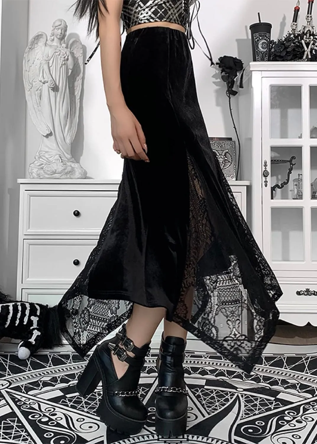 TSMNZMU Women Gothic Long Skirts Vintage Dark Lace Patchwork Skirts Grunge Harajuku Fairy Skirt Emo Alt Clothes