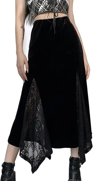 TSMNZMU Women Gothic Long Skirts Vintage Dark Lace Patchwork Skirts Grunge Harajuku Fairy Skirt Emo Alt Clothes
