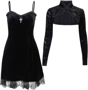 TSMNZMU Womens Gothic 2 Piece Dress - Vintage Velvet Emo Lolita Alt Harajuku Punk Grunge Dress