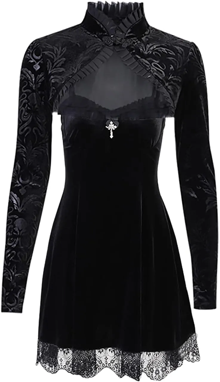 TSMNZMU Womens Gothic 2 Piece Dress - Vintage Velvet Emo Lolita Alt Harajuku Punk Grunge Dress