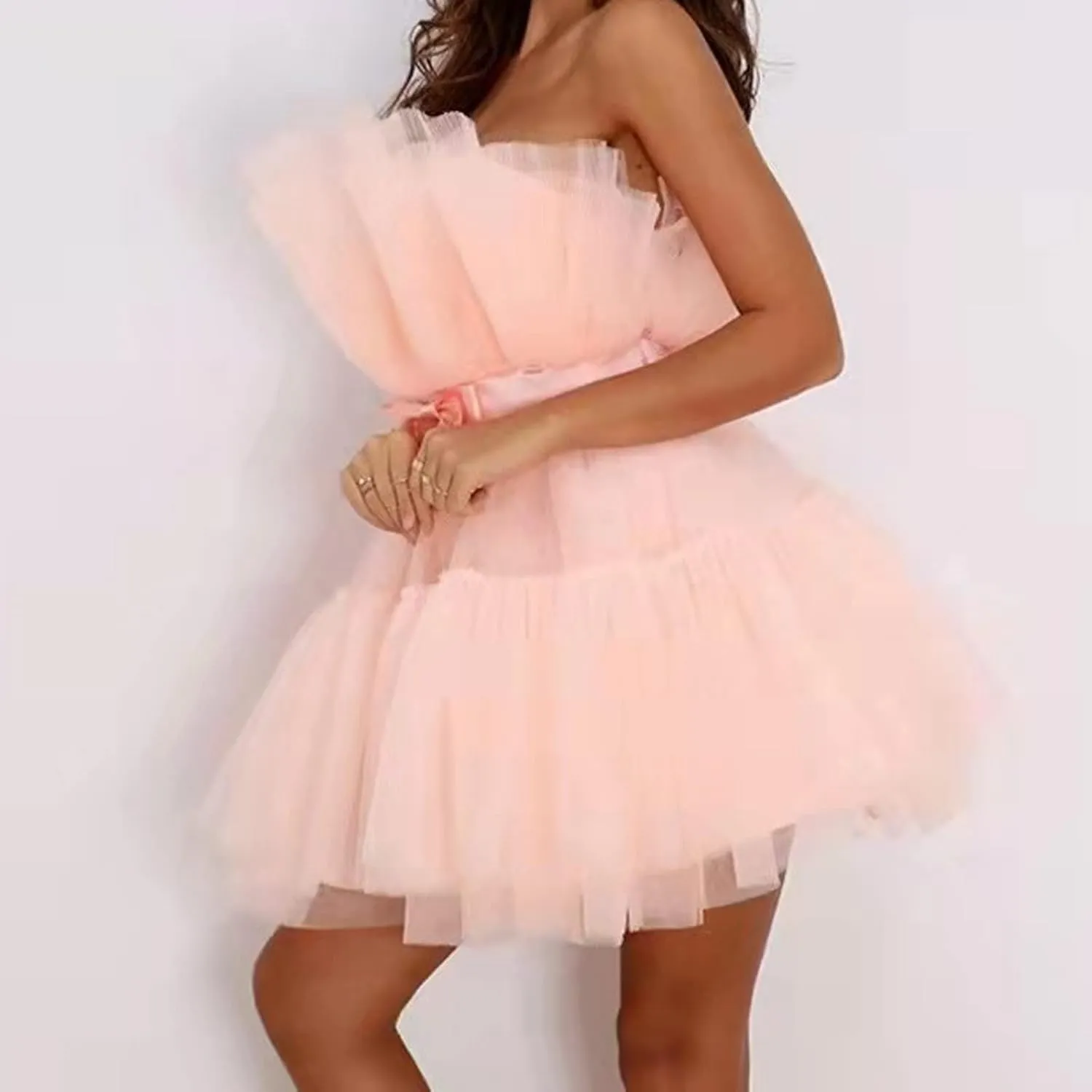 tuduoms Women's Romantic Prom Party Dress Tulle Ruffle Strapless A Line Mini Dress High Waist Net Gauze Tube Princess Dresses