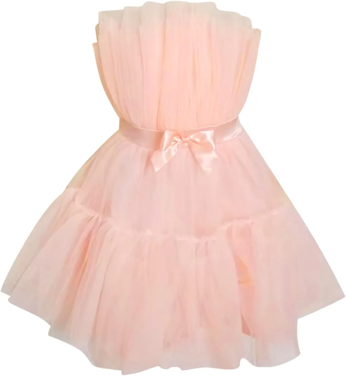 tuduoms Women's Romantic Prom Party Dress Tulle Ruffle Strapless A Line Mini Dress High Waist Net Gauze Tube Princess Dresses