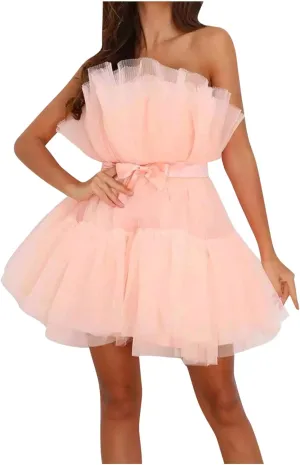 tuduoms Women's Romantic Prom Party Dress Tulle Ruffle Strapless A Line Mini Dress High Waist Net Gauze Tube Princess Dresses