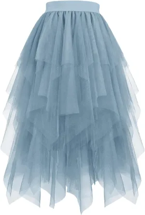 Tulle Skirts for Women Mesh Tiered Layered Asymmetrical Hem High Low Elastic High Waist Prom Party Tutu Midi Skirt