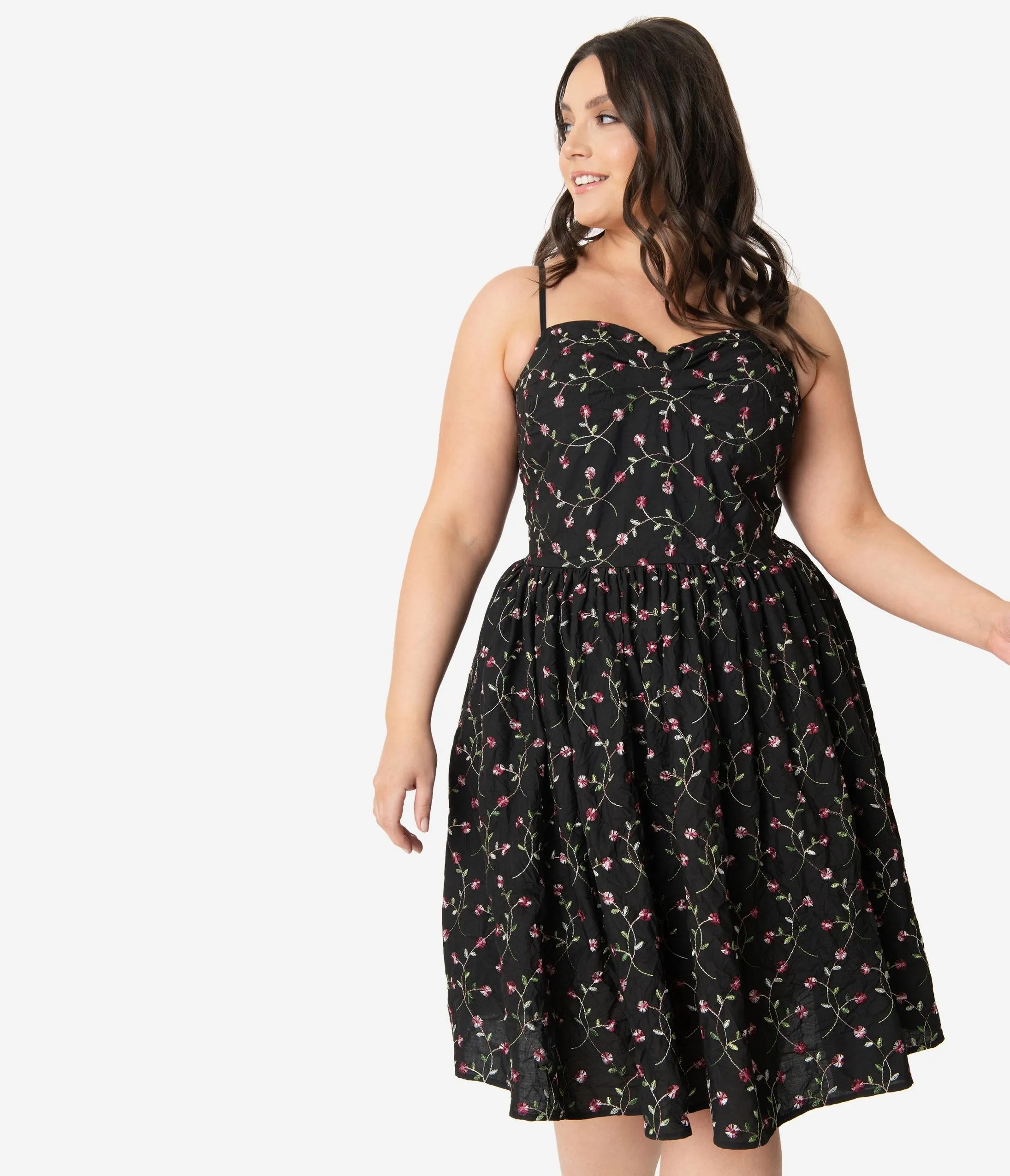 Unique Vintage 1950s Black Embroidered Floral Darcy Swing Dress
