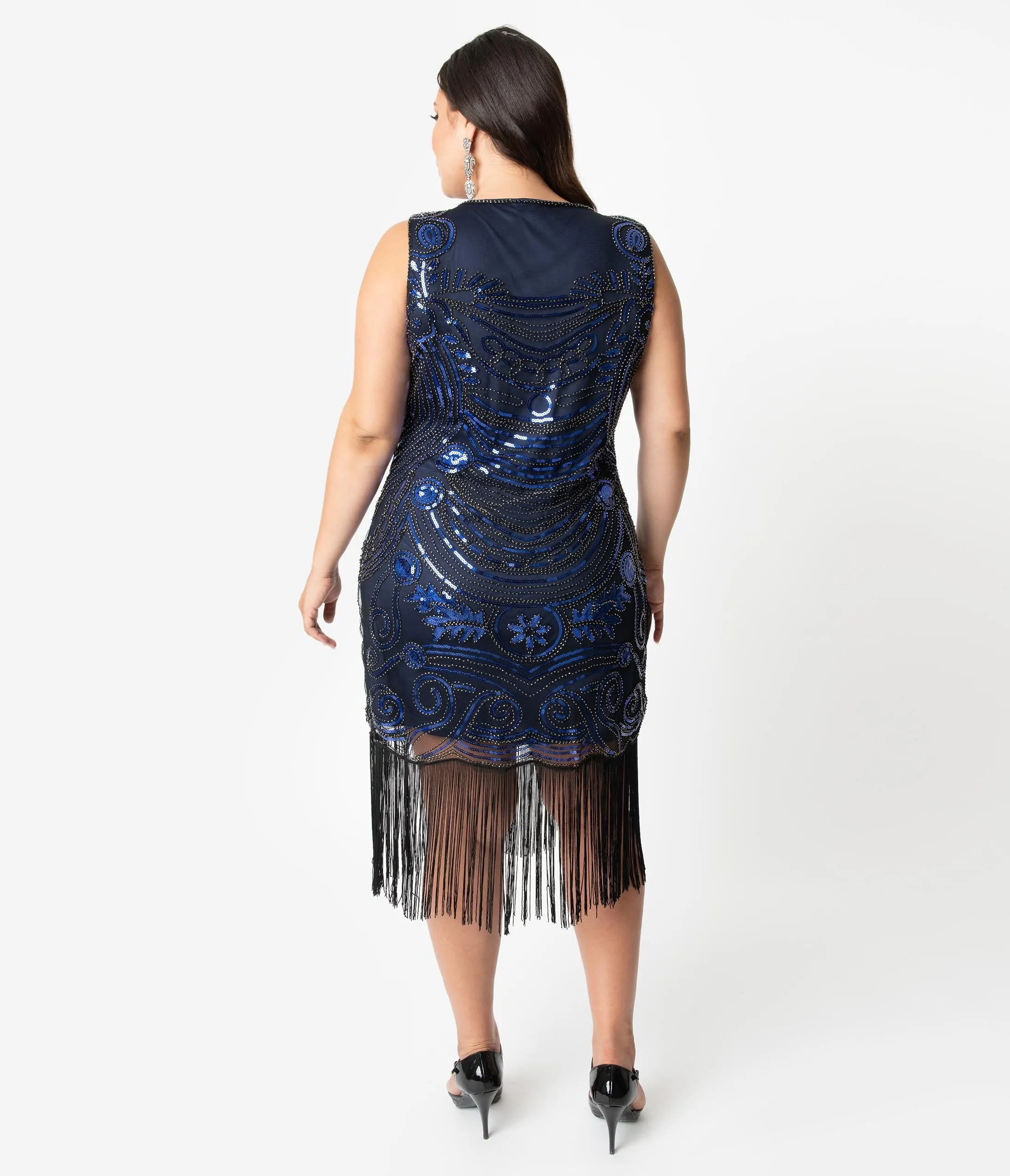 Unique Vintage Plus Size 1920s Black & Blue Beaded Yvette Fringe Cocktail Dress