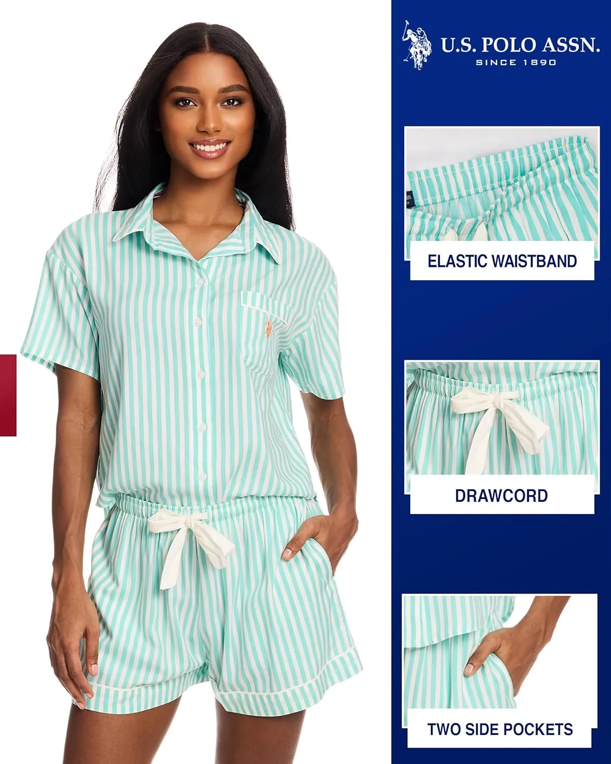 U.S. Polo Assn. Summer Pajamas for Women - Woven PJ Set with Button Up Top and Shorts - Lounge Sets for Women
