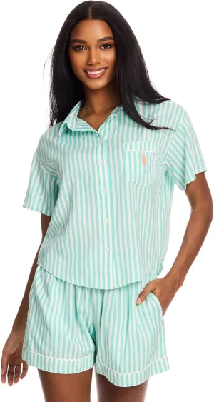 U.S. Polo Assn. Summer Pajamas for Women - Woven PJ Set with Button Up Top and Shorts - Lounge Sets for Women