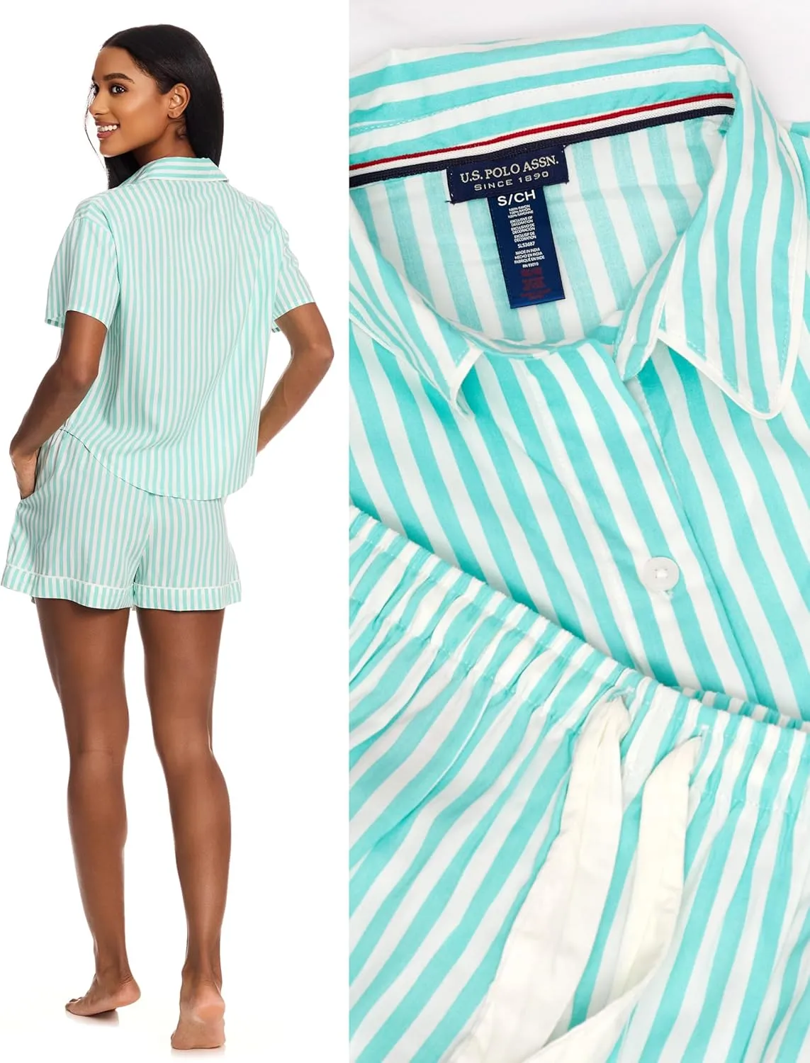 U.S. Polo Assn. Summer Pajamas for Women - Woven PJ Set with Button Up Top and Shorts - Lounge Sets for Women