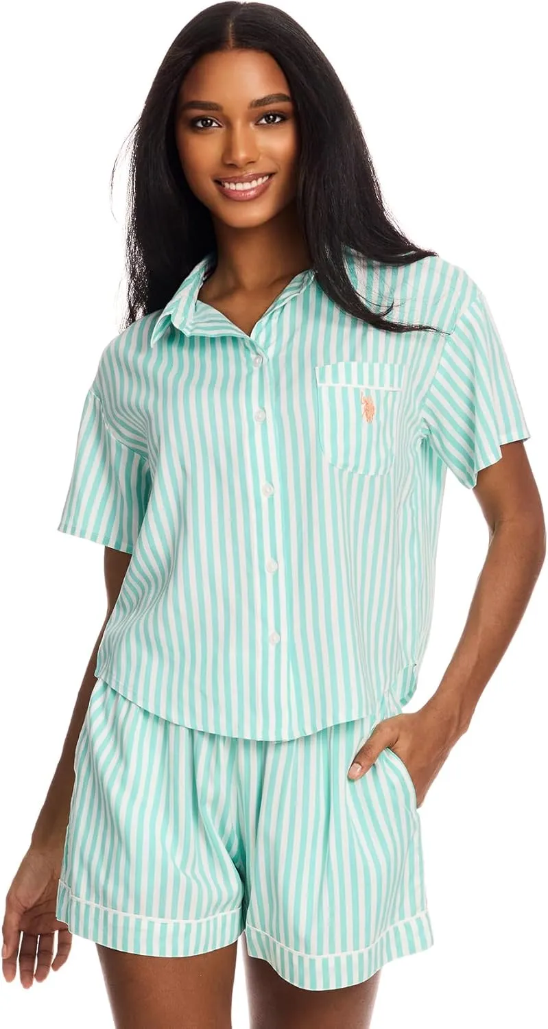 U.S. Polo Assn. Summer Pajamas for Women - Woven PJ Set with Button Up Top and Shorts - Lounge Sets for Women