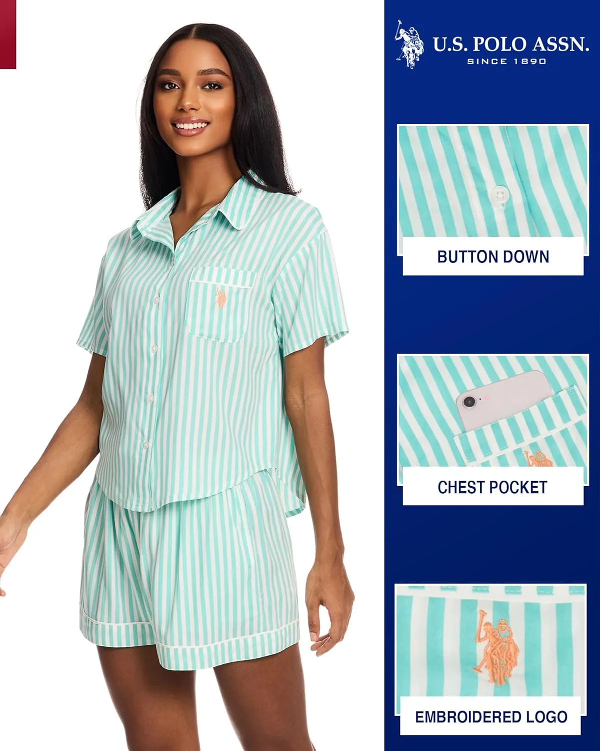 U.S. Polo Assn. Summer Pajamas for Women - Woven PJ Set with Button Up Top and Shorts - Lounge Sets for Women