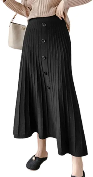 utcoco Womens Fall Knit Long Skirts Elastic Waist Pleated A Line Swing Midi Length Sweater Skirt