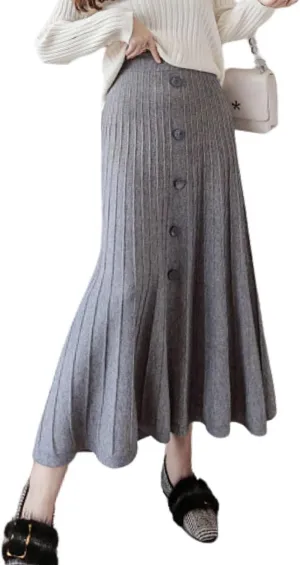 utcoco Womens Fall Knit Long Skirts Elastic Waist Pleated A Line Swing Midi Length Sweater Skirt