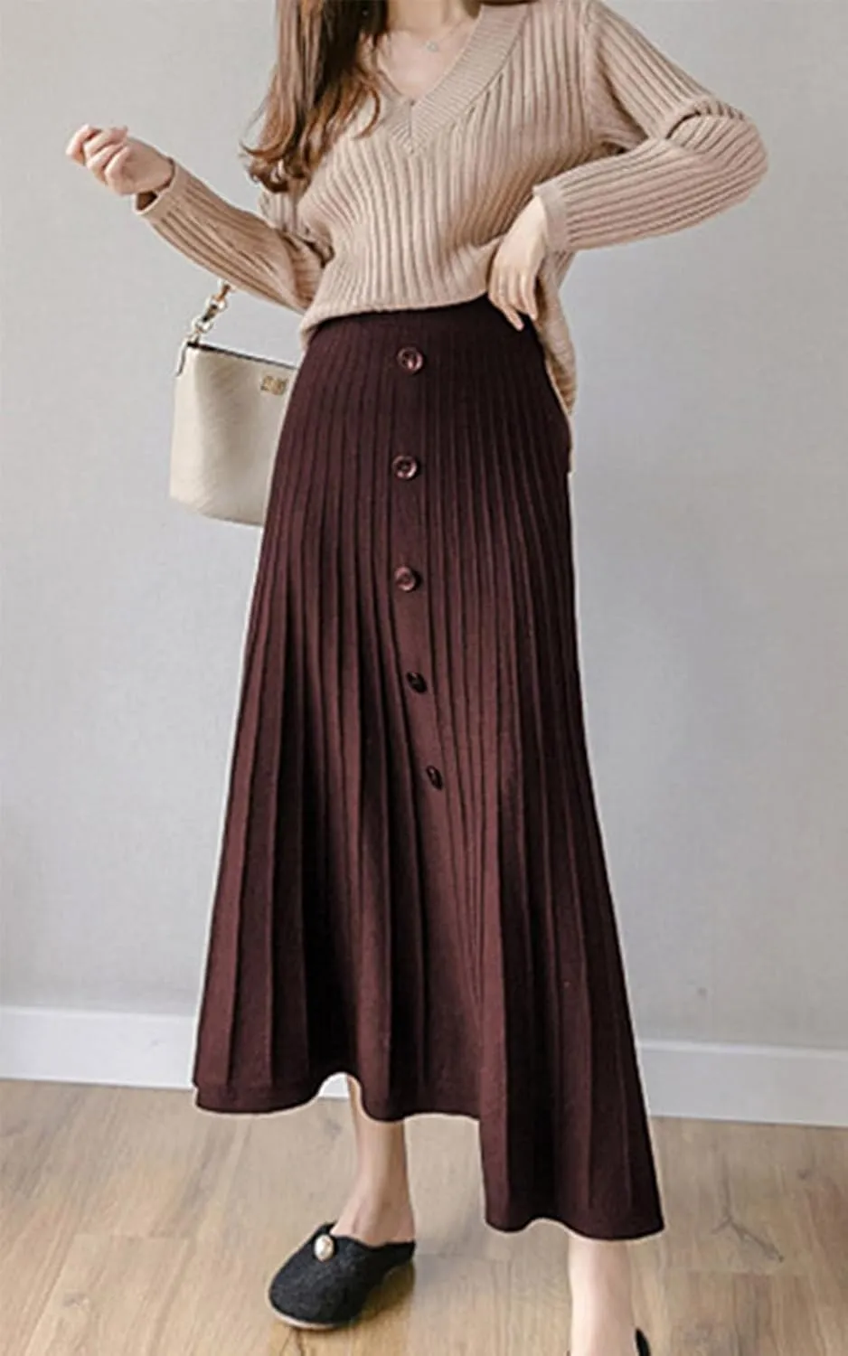 utcoco Womens Fall Knit Long Skirts Elastic Waist Pleated A Line Swing Midi Length Sweater Skirt