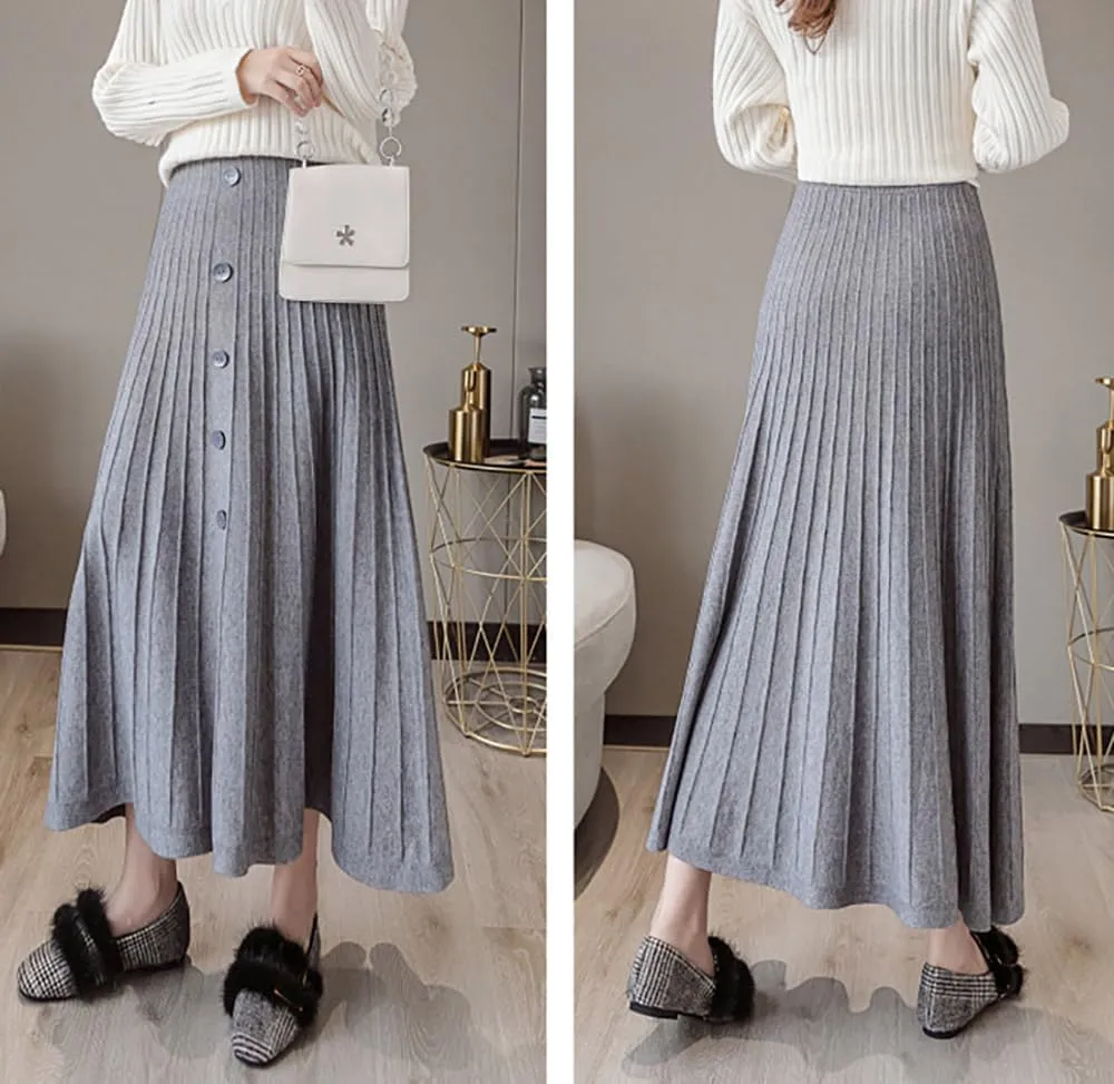 utcoco Womens Fall Knit Long Skirts Elastic Waist Pleated A Line Swing Midi Length Sweater Skirt